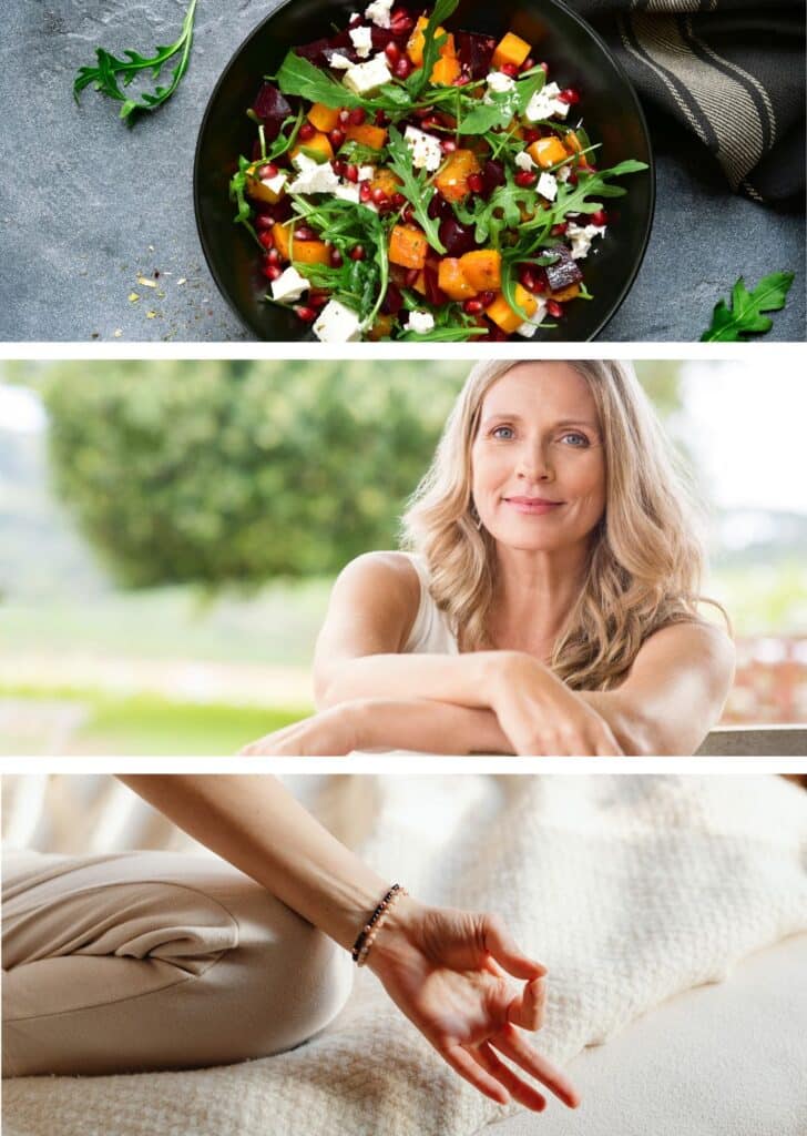Bilder-Collage zeigt Salat-Bowl, eine mittelalte, blonde Frau und einen weiblichen Unterarm mit einer zu einem Mudra geformten Hand