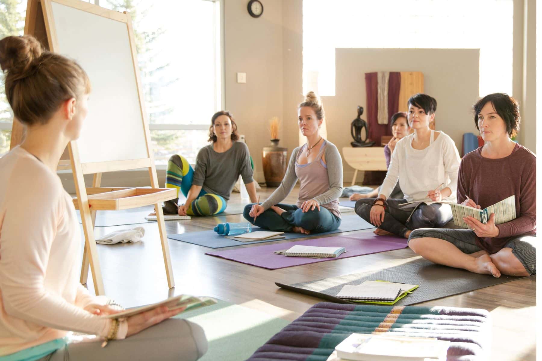 Frauengruppe auf Yogamatten in einer Ausbildungslektion