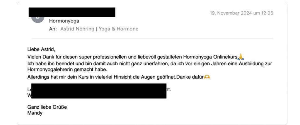 Email Screenshot mit Feedback einer Hormonyoga Onlinekurs Teilnehmerin
