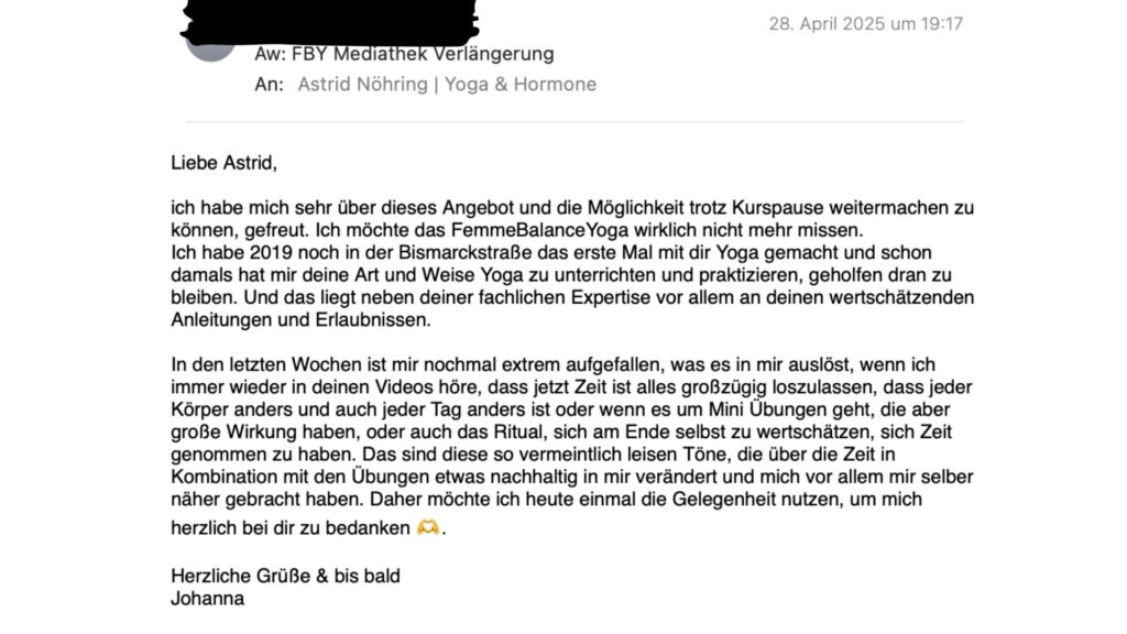 Feedback einer Teilnehmerin zum FemmeBalanceYoga Kurs