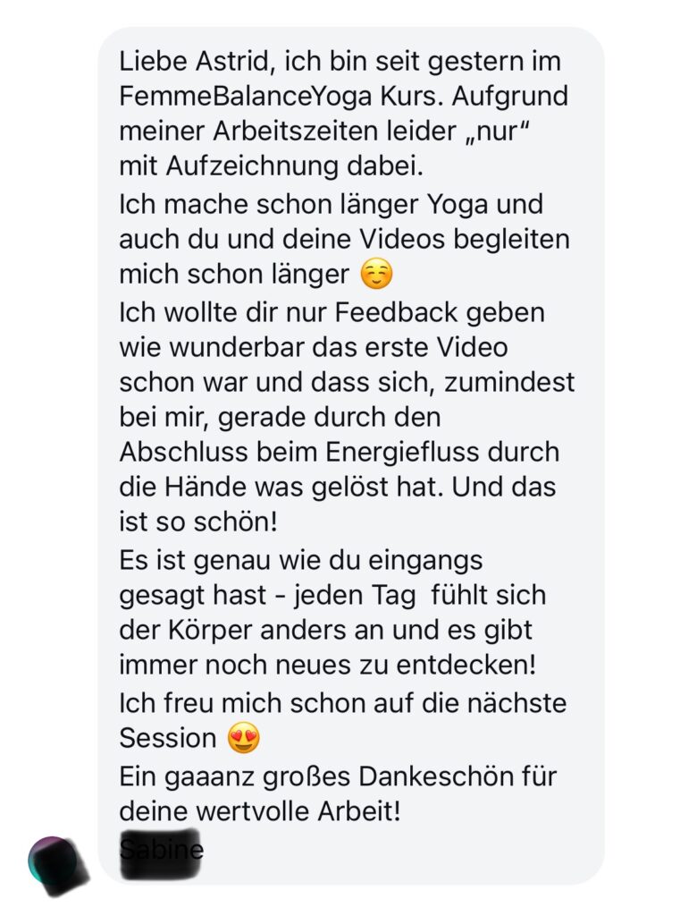 Feedback eine Teilnehmerin zur positiven Auswirkung von FemmeBalanceYoga